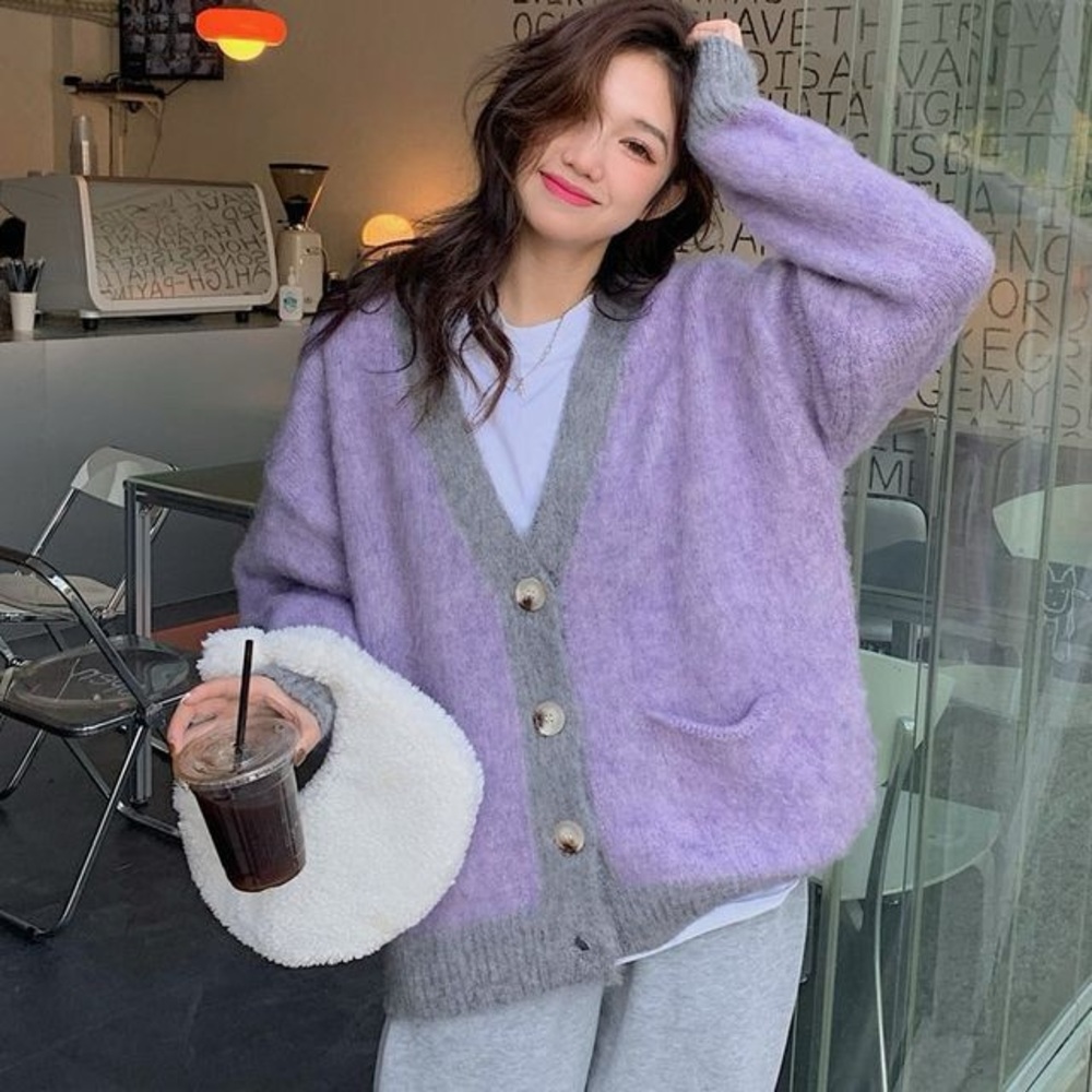 Rouje Renksy Cardigan Lavender Gray Eclectic Grandpa Fuzzy Oversized Cozy | Sz S